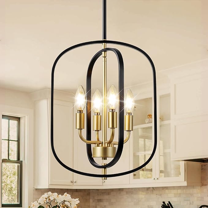 Modern Black and Gold Chandelier for Entryway, 4-Light Small Geometric Dining Room Light Fixture Over Table,Industrial Metal Hanging Pendant Lights for Kitchen Island, Staircase,Foyer