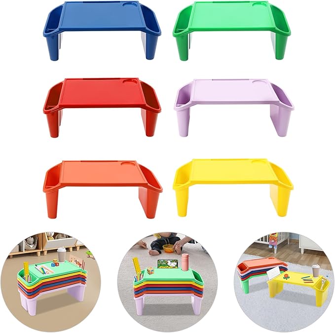 6 Pcs Kids Lap Desk Tray, Plastic Breakfast Lap Desk Trays with Side Pockets and Slot, Portable Lap Table Snack Tray for Eating, Writing, Drawing, Game, 19.69" L x 9.84" W x 7.1" H (6 Colors)