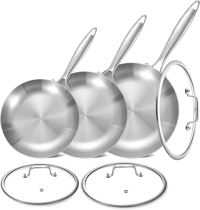 LOLYKITCH 8.5-10-12 Inch Tri-Ply Stainless Steel Frying Pan Set with Lids,Skillets,Induction Cooking Pans,Dishwasher and Oven Safe,Detachable Handle