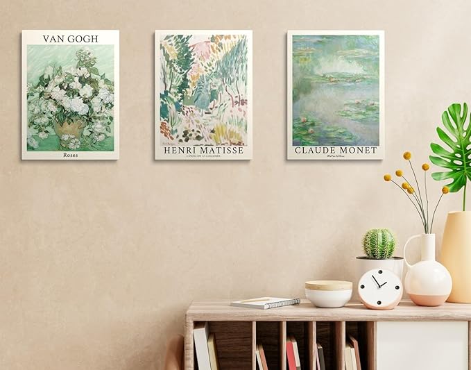MINI ZOZI Sage Green Canvas Framed Wall Art Set Of 3 Matisse Van Gogh Monet Flower Prints 12x16 Wall Decor Large Mid Century Modern Aesthetic Over Bed Poster Painting Master Bedroom Living Room
