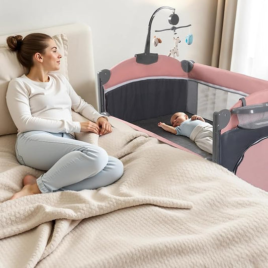 5 in 1 Baby Crib,Baby Bassinet, Bedside Cribs, Pack and Play with Changing Table, Portable Travel bedToys & Music Box,Mattress for Girl Boy Infant Newborn (Pink)