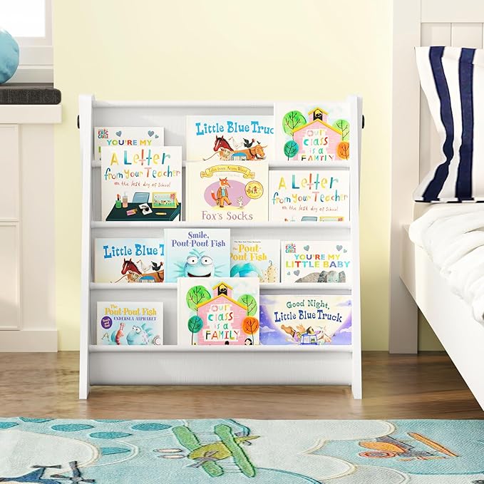 NACHES 4-Tier Foldable Kids Bookshelf, Large Capacity Montessori Sling Bookcase with 4 Deep Fabric Pockets, Magazine and Book Storage Rack for Nursery, Kids Room, Bedroom, Playroom (White)