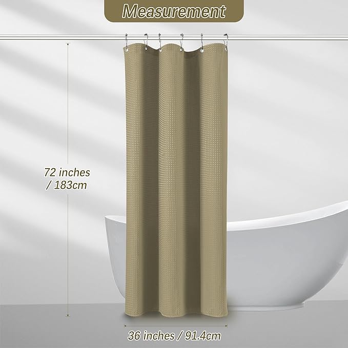 Taupe Stall Fabric Shower Curtain - Water Repellent Waffle Textured 256GSM Heavy Duty Cloth Shower Curtains for Bath Tubs, Narrow Hotel Quality Bath Curtain Set with 6 Hooks, 36Wx72H