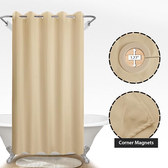 Extra Long No Hook Beige Shower Curtain or Liner - Soft Microfiber 84" Long Fabric Shower Curtain Liner Set, Machine Washable & Water Repellent, Beige, 71x86
