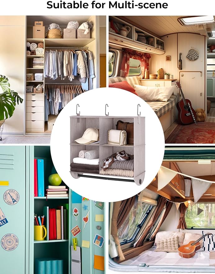 StorageWorks Hanging Closet Organizer with Metal Rod, 4-Section Closet Organizers and Storage, Collapsible Hanging Shelves for Wardrobe Organizer, Nursery, Bedroom, Light Khaki