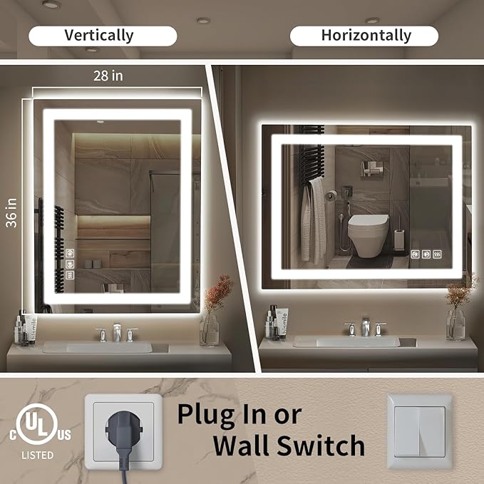 LED Mirror for Bathroom, 28x36 Inch Backlit + Front Lighted Bathroom Vanity Mirror with Lights for Wall, Double Light Strips, 3 Colors, Shatter-Proof, Anti-Fog and Brightness Memory