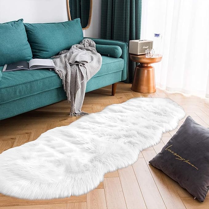 Latepis White Runner 2x6 Faux Sheepskin Fluffy Rug Furry Plush Rugs Faux Fur Sheep Skin Rug for Bedroom Sofa Throw Cushion Room Decor, Sheepskin
