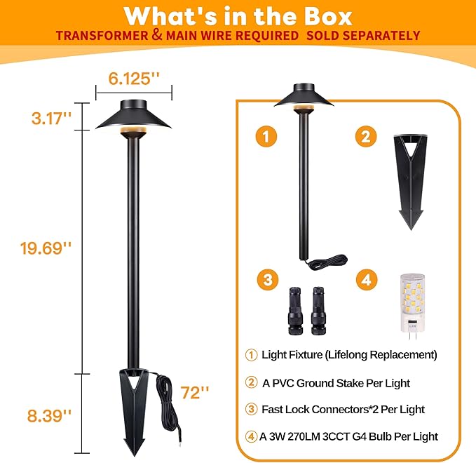 Outdoor Brass Pathway Lights, 2700K/3000K/4000K Adjustable Low Voltage Landscape Path Lighting Wired, 12v Walkway Light LED Waterproof, Black for Outside Garden Yard with G4 Bulb (4 Pack)