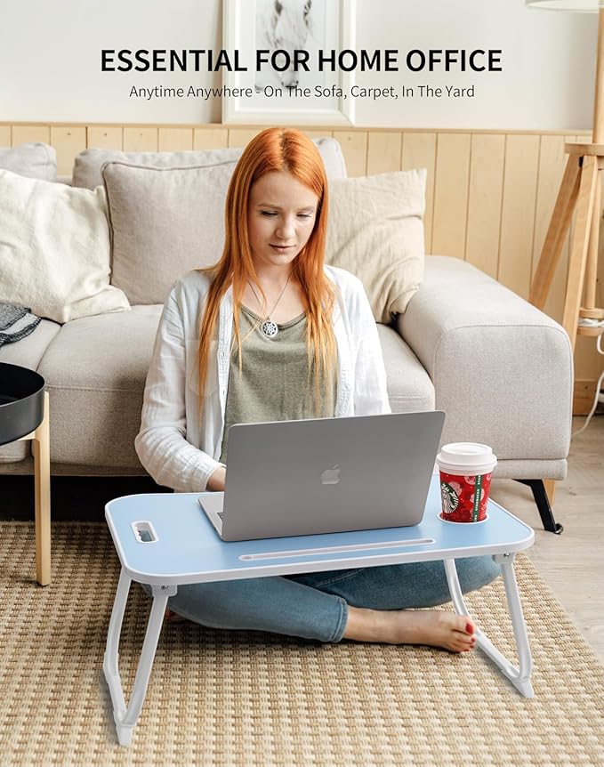 Laptop Bed Desk, Foldable Lap Table, Portable Study Table, Laptop Stand with Cup Holder & Tablet Slot & Lifting Handle for Working Writing Drawing & Eating - Baby Blue
