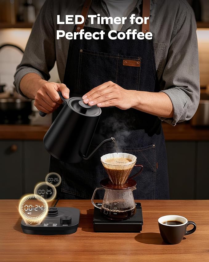 Silonn Electric Gooseneck Kettle - ±1°F Precise Temp Control, 0.9L 304 Stainless Steel | 4-Hour 212°F Keep Warm, 7 Presets & LED Brew Timer for Pour-Over Coffee