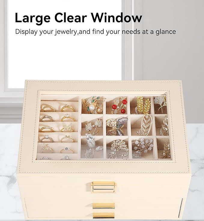 Voova Jewelry Box Organizer for Women Girls, 3 Layer PU Leather Jewelry Storage Case with Glass Lid & 2 Drawers, Large Jewellery Display Holder for Necklaces Rings Earrings Bracelets, Apricot