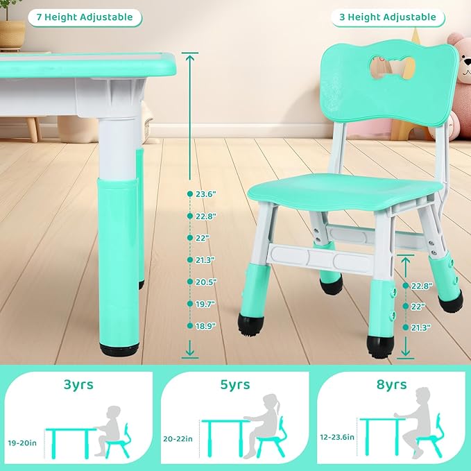 Arlopu Kids Table and 6 Chairs Set, Height Adjustable Graffiti Desk, Preschool Activity Art Craft Table, for Daycare Classroom Home Boys and Girls Age 3-12 (Light Green)