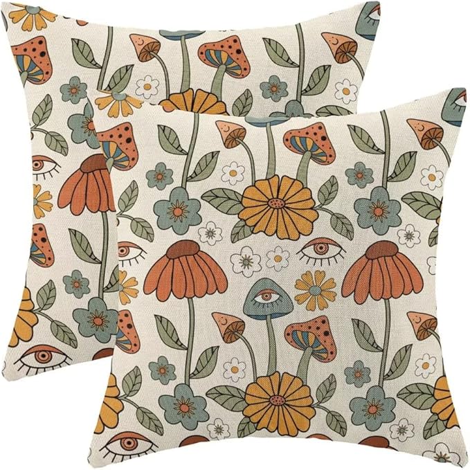 BETGINY Boho Throw Pillow Covers 18x18 Set of 2, Yellow Orange Fun Cute Mushrooms Retro Decorative Outdoor Pillow Covers 70s Vintage Floral Linen Farmhouse for Couch Sofa Summer Home Decor