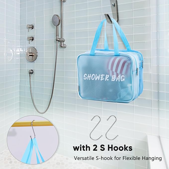Large Mesh Shower Caddy with Wet & Dry Zones – Portable Hanging Toiletry Bag for College Dorm Room Essentials, Travel, Gym, Camping, Beach Tote Bag – Quick-Dry Shower Tote Organizer