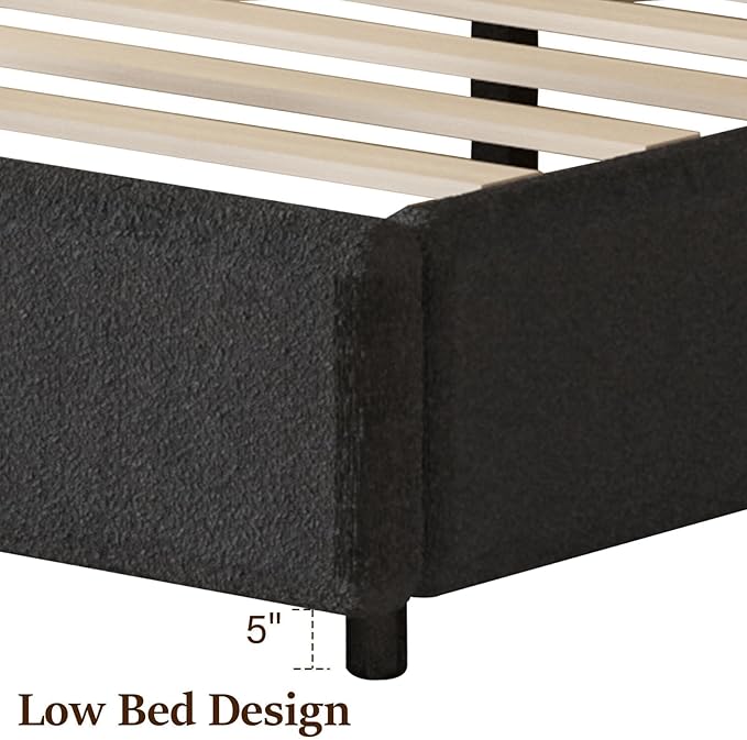 Twin Size Bed Frame, Boucle Upholstered Platform Bed with Headboard, Cloud Bed Frame with Soft Rounded Corners, No Box Spring Required, Easy Assembly, Dark Grey