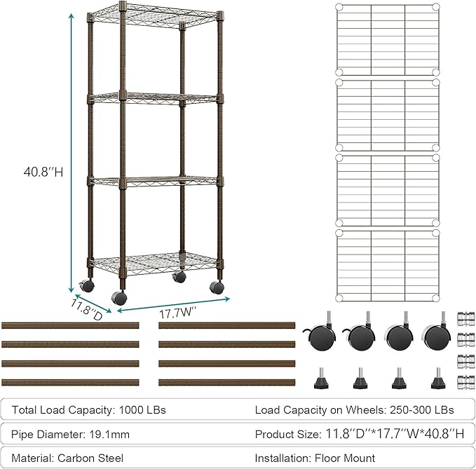 1000 lbs 4-Shelf Adjustable Heavy Duty Steel Wire Rack, Adjustable Storage Shelving Unit with Wheel for Kitchen, Garage, Laundry Brown 11.8" D x 17.7" W x 40.8" H