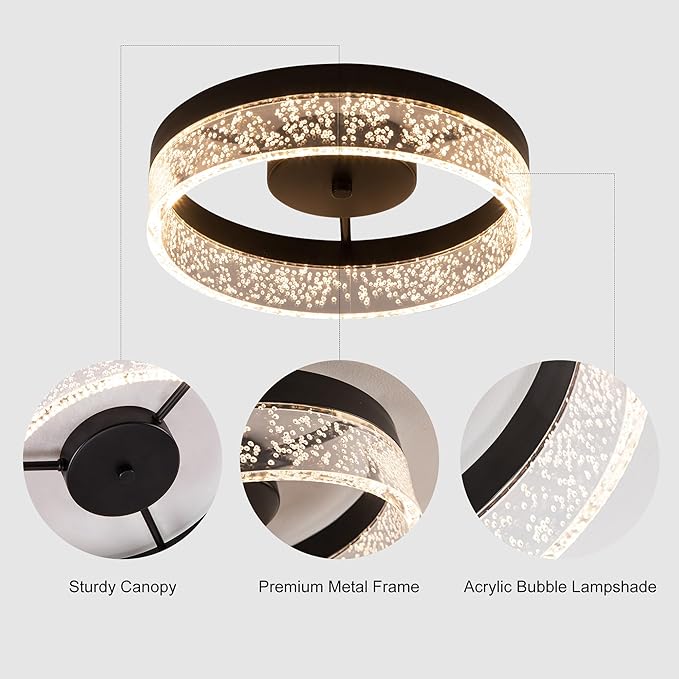 Jaycomey Modern LED Ceiling Light Fixture, 11.65" Black Flush Mount Kitchen Lighting with Clear Seeded Acrylic Lampshade,Round Ceiling Lamp Lights for Dining Room Foyer Hallway