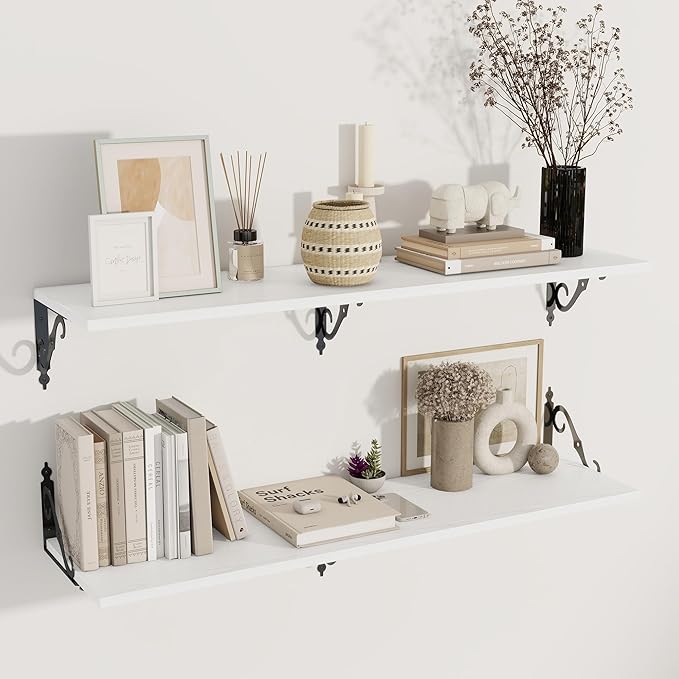 Deep Floating Shelves, 48" W x 12" D Wall Shelves Set of 2, Wide Display Shelf Wall Mounted with Brackets, Bookshelf for Living Room, Bathroom, Bedroom, White