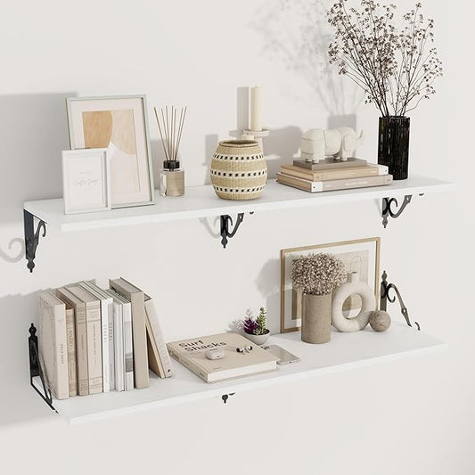Deep Floating Shelves, 48" W x 12" D Wall Shelves Set of 2, Wide Display Shelf Wall Mounted with Brackets, Bookshelf for Living Room, Bathroom, Bedroom, White