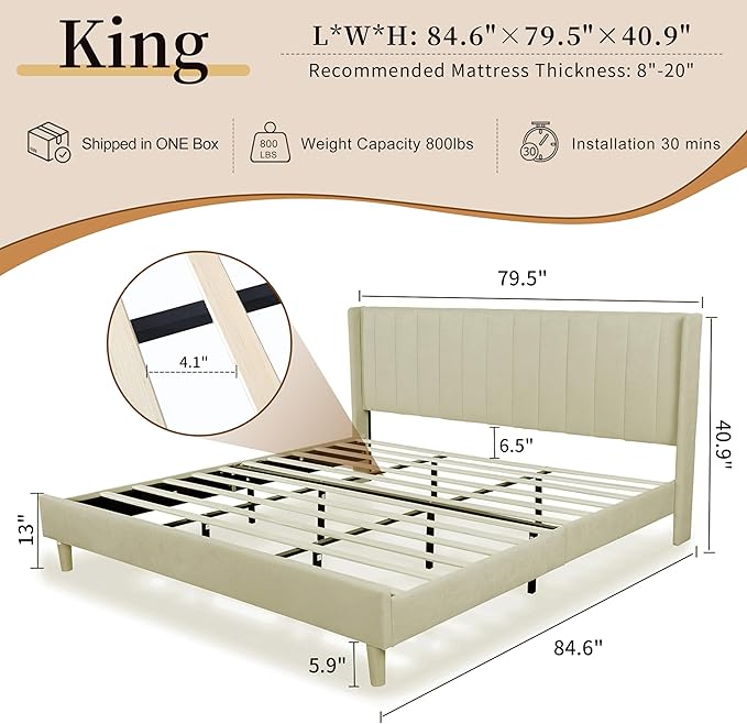King Size Upholstered Platform Bed Frame with Modern Wingback & Vertical Panel Headboard, Linen Fabric, Wooden Legs & Slats Support, No Box Spring Needed, Noise-Free & Easy Assembly, Beige