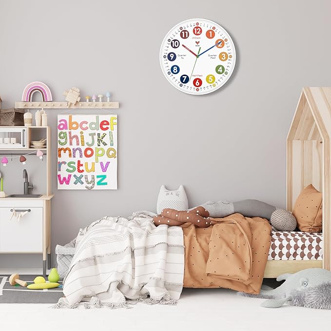 Foxtop Learning Clock for Kids - Telling Time Teaching Clock 12 Inch Silent Non-Ticking Battery Operated Analog Kids Wall Clock for Kids Room Playroom Nursery Classroom School (White)