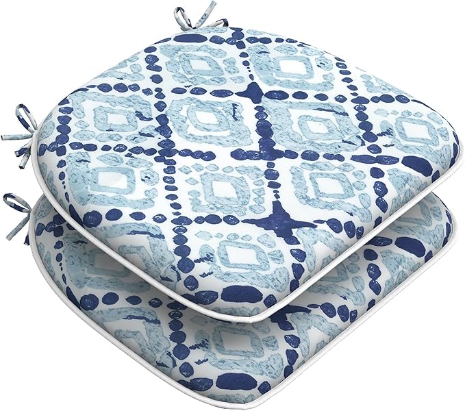 Set of 2 Outdoor Chair Cushions with Ties,Water Repellent Patio Chair Pads 17"x 16" for Outdoor Furniture,Round Corner Seat Cushions for Garden Yard Kitchen Boho Geometry Blue