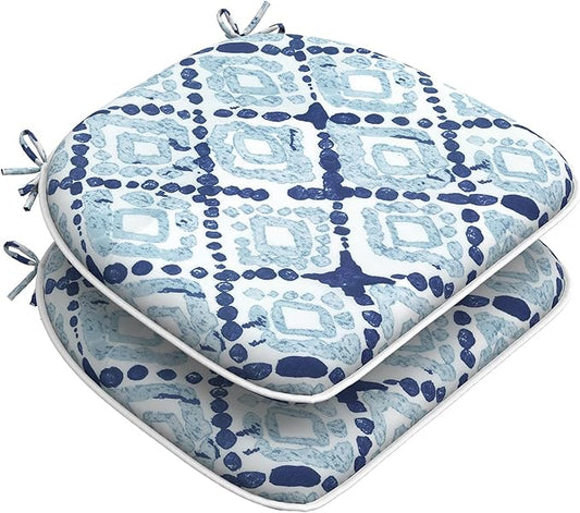 Set of 2 Outdoor Chair Cushions with Ties,Water Repellent Patio Chair Pads 17"x 16" for Outdoor Furniture,Round Corner Seat Cushions for Garden Yard Kitchen Boho Geometry Blue