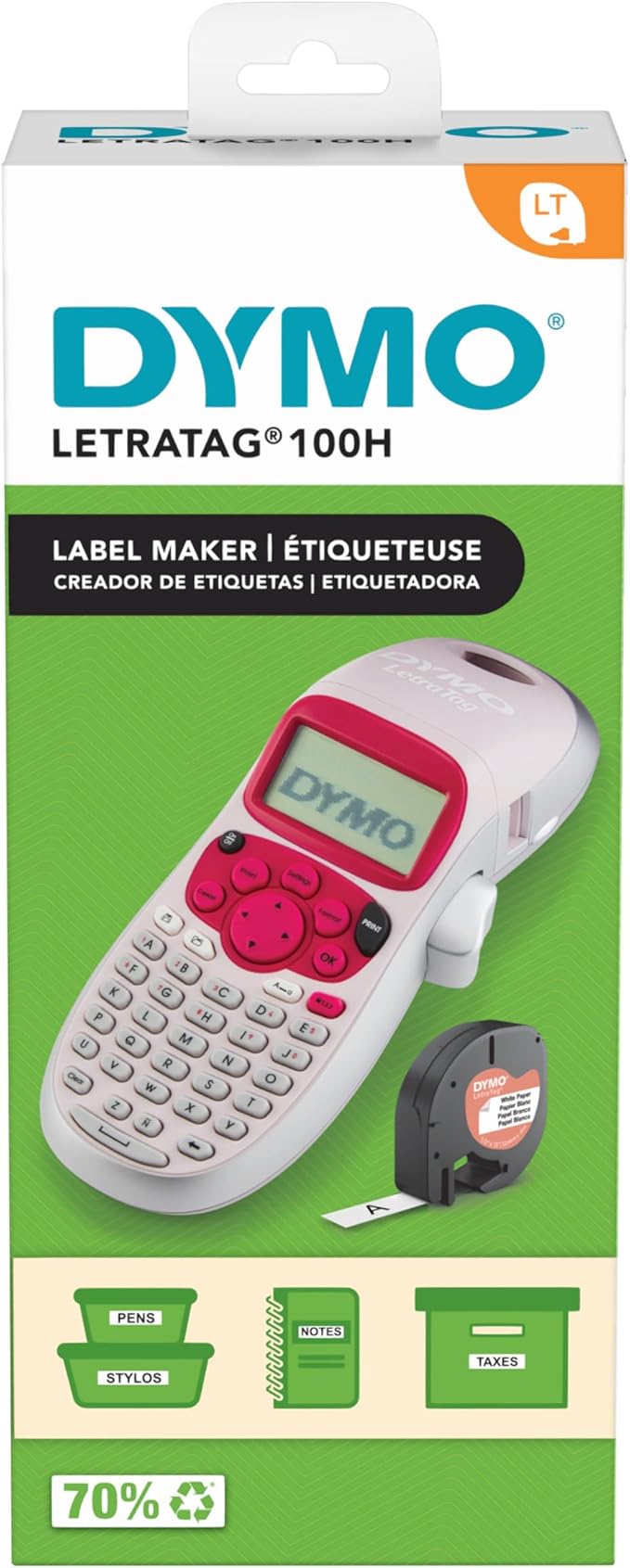 DYMO LetraTag LT-100H Handheld Label Maker | ABC Keyboard Label Printer with Easy-to-Use, 13 Character LCD Screen | Great for Home & Office Organisation | Pink
