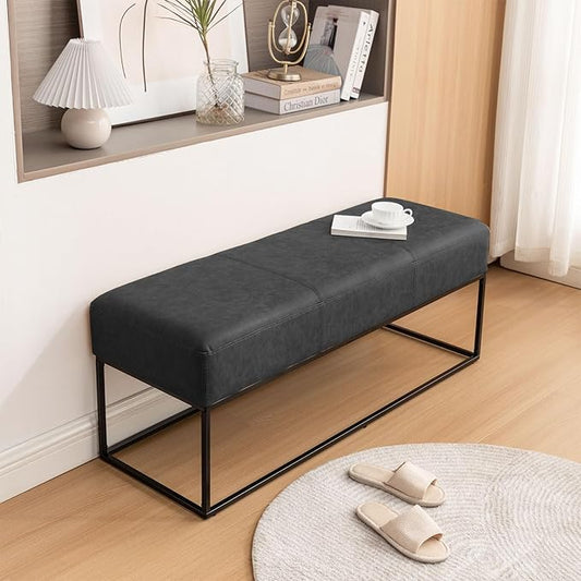 Leather Entryway Bench, Modern Long Leather Ottoman Bench Seat with Metal Frame, 47'' Upholstered Bedroom Bench for Living Room Entryway Window, Vintage Black