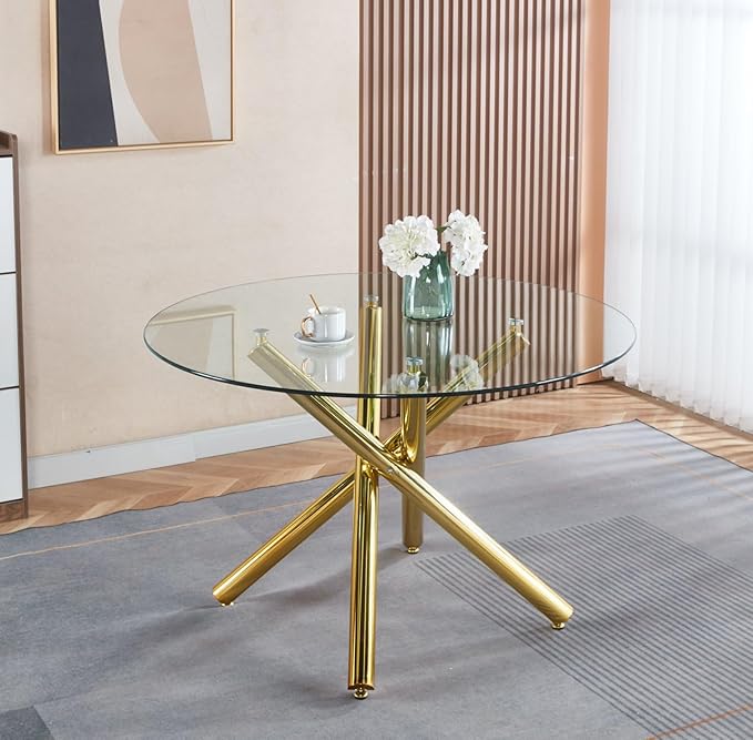 Round Glass Dining Table,Glass Dining Room Table with Tempered Glass Tabletop and Metal Legs, Modern Style Glass Kitchen Table for Home, Kitchen, Dining Room