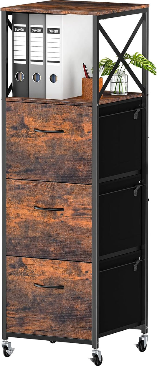 3 Drawers File Cabinet, Vertical Filing Cabinets for Home Office, Drawer with Adjustable Hanging Rail, A4/Letter Size Hanging File Folders, Open Shelf, Mobile Printer Stand, Rustic Brown