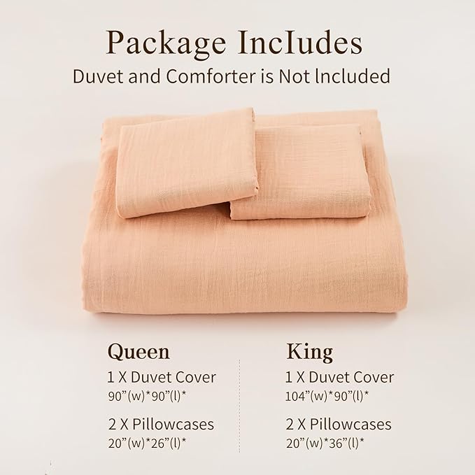 MEISHANG Muslin Duvet Cover King Size - 100% Organic Cotton, Soft Textured Gauze Weave Comforter Cover for Breathable All-Season with Zipper Closure - 3 Piece Set (King, Cameo Rose)