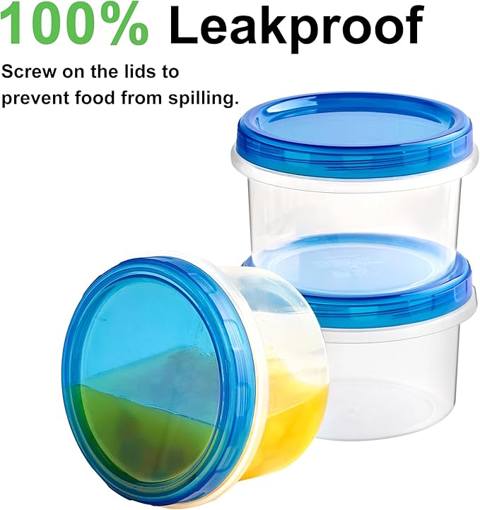 Qeirudu 10 Pack 16oz Freezer Storage Containers with Screw Lids, Leakproof Meal Prep Containers, Small Plastic Food Storage Containers for Soup, Fruits, Leftovers, Salads, Oats