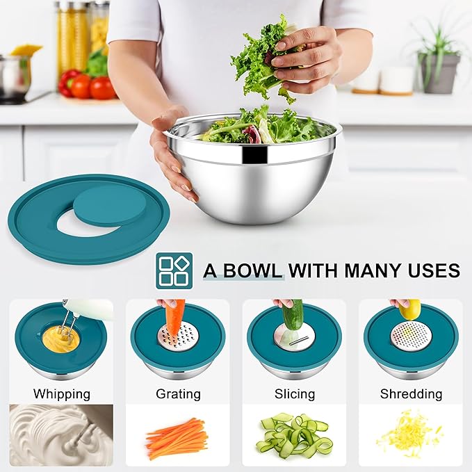 E-far Mixing Bowls with Lids Set, 7-Piece Stainless Steel Mixing Bowls with 3 Grater Attachments, Size 4.6, 3.5, 2.6, 2, 1.5, 1, 0.7QT, Metal Nesting Bowls & Blue Airtight Lids, For Baking/Cooking