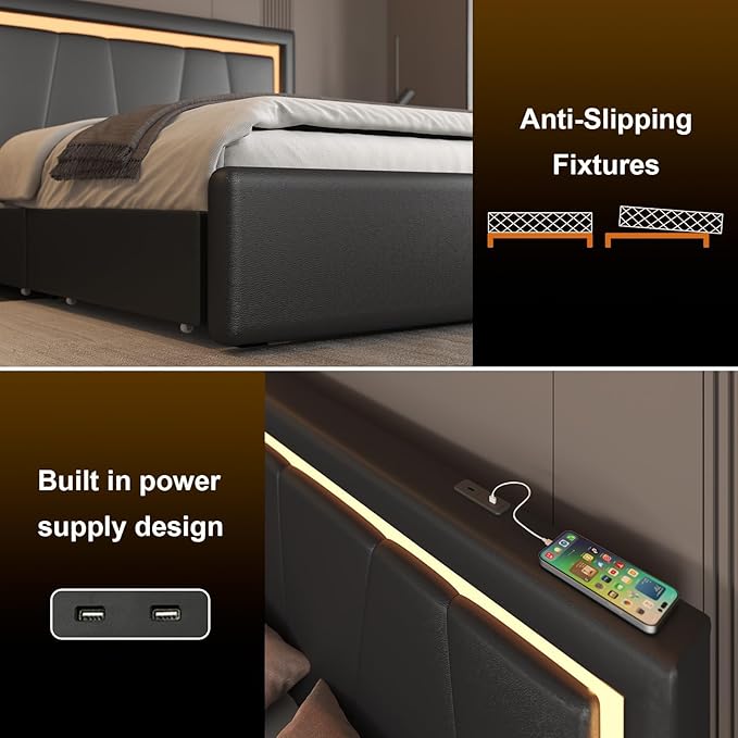Full Bed Frame with 4 Storage Drawers and Adjustable Headboard, Upholstered Platform Bed with LED Lights and USB Ports, Solid Wooden Slats Support, Faux Leather, Easy Assembly, Black