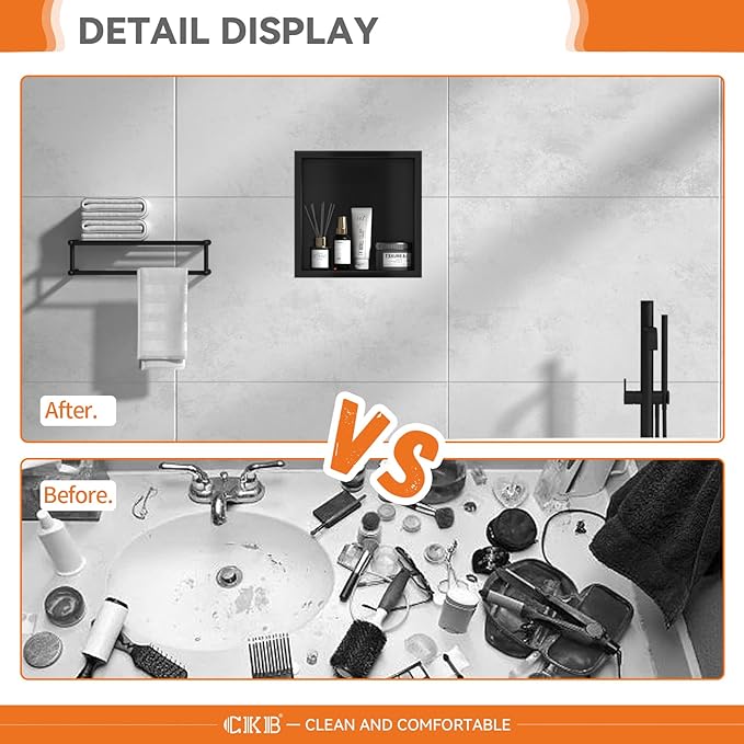 CKB Shower Niche Stainless Steel, 12 Inch x 12 Inch x 4 Inch Depth, Recessed Shower Shelf with Matte Black