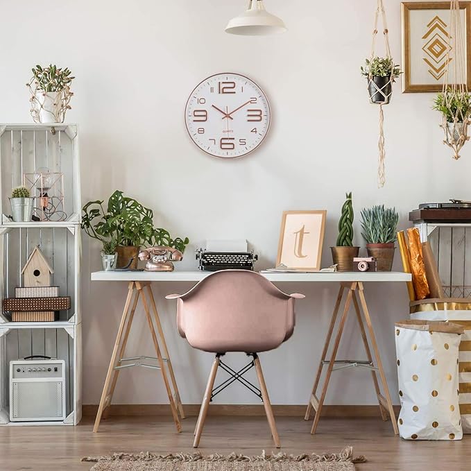 Bernhard Products Rose Gold Wall Clock 12 Inch Silent Non-Ticking Quality Quartz Battery Operated Easy to Read Decorative Modern Design for Home/Office/Kitchen/Bedroom/Living Room (Rose Gold & White)