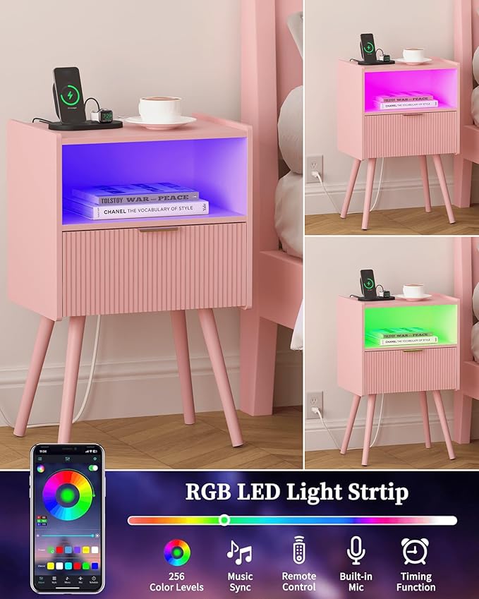 Pink Nightstand, Modern Bedside Table with Charging Station and LED Lights