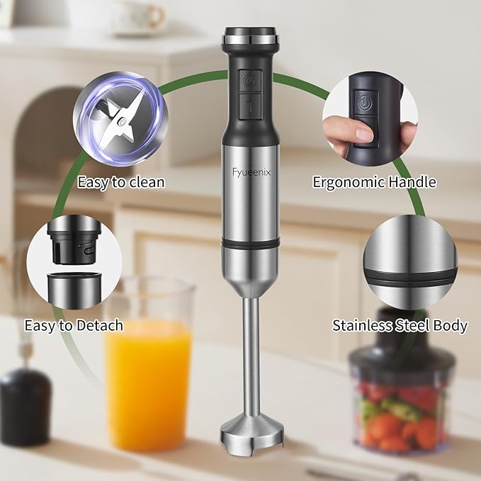 Immersion Blender Handheld Corded Hand Blenders 5 in 1 Set 800W, Stainless Steel Stick Blender Turbo Mode with 600 ml Mixing Beaker with Lid, 400 ml Chopper, Whisk, Milk Frother, BPA-Free