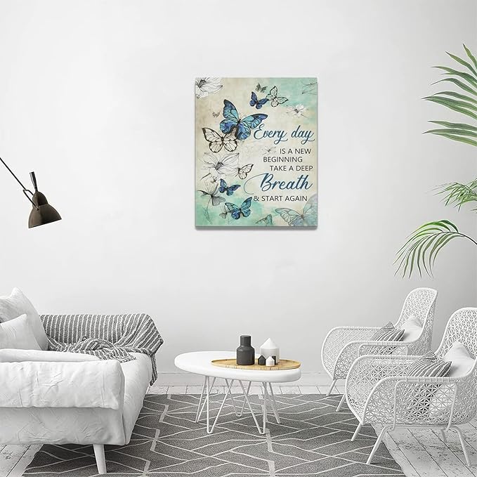 Farmhouse Floral Wall Decor - Teal Butterfly Canvas Prints with Inspirational Quotes - Modern Home Decorations for Bathroom, Girls Bedroom, Living Room