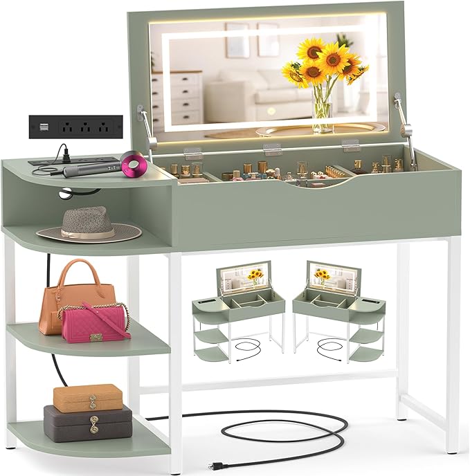 Cyclysio Vanity Desk with Flip Top Mirror and Lights, Makeup Vanity Desk with Drawers, Dressing Table with Storage Shelves & Charging Station, Small Vanity for Small Spaces, Green