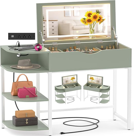 Cyclysio Vanity Desk with Flip Top Mirror and Lights, Makeup Vanity Desk with Drawers, Dressing Table with Storage Shelves & Charging Station, Small Vanity for Small Spaces, Green