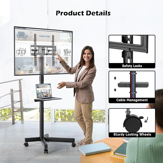 BONTEC Mobile TV Stand with Tilt Function, Rolling TV Stand for 23-60" LED, LCD, OLED TVs, Holds up to 88lbs, Max VESA 400x400mm, Adjustable Media Shelf, TV Cart for Living Room, Bedroom, Office