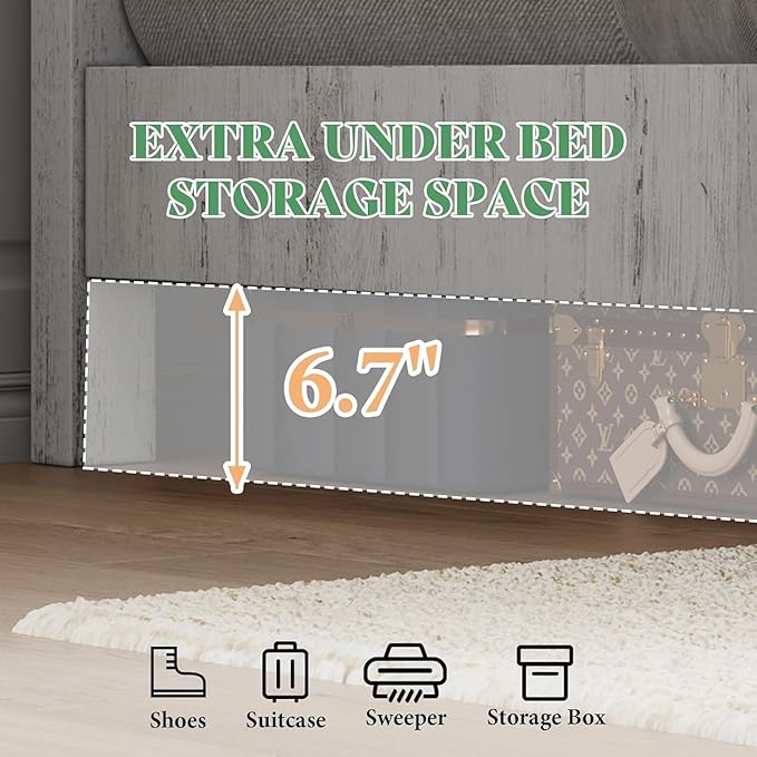 AMERLIFE Full Size 51.2" Wood Bed Frame, Rustic Platform Bed with Spliced Headboard, Wood Slats Support/No Box Spring Needed/Noiseless/Antique White