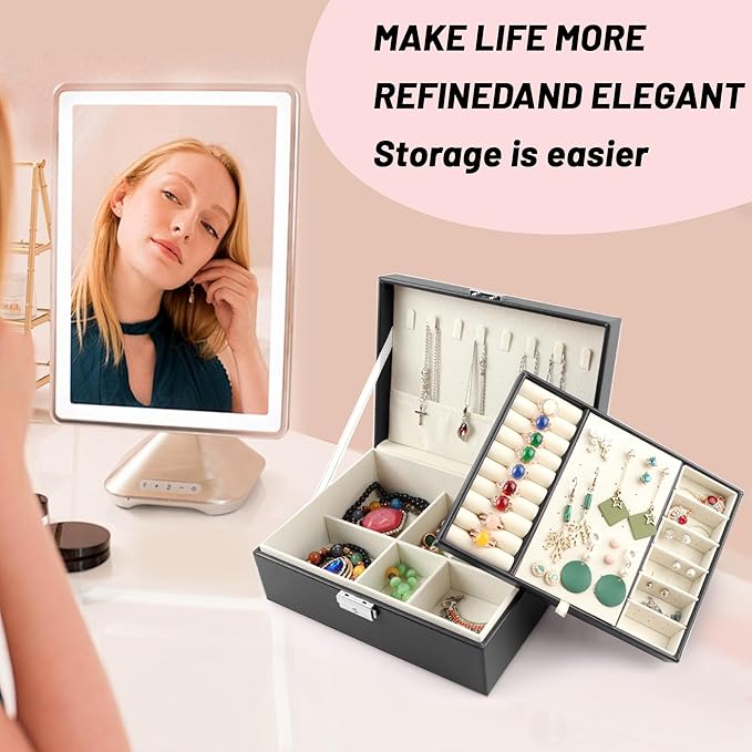 Homeanda Jewelry box 2 layer Jewelry box Leather Jewelry boxes for Women Girls Teens Jewelry organizer box Jewelry Storage box with lock(Black)