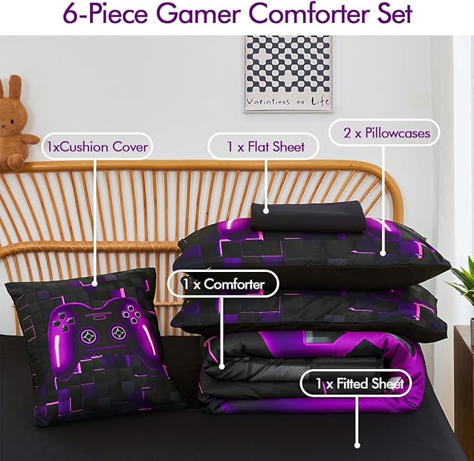 PERFEMET 6 Pieces Bed in A Bag Gamer Comforter Set Queen Size Purple Gaming Bedding Set for Boys Kids Teen Soft Lightweight Video Game Black Quilt Bedspread Set(Purple, Queen)