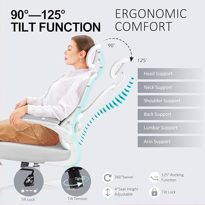 Ergonomic Office Chair,Ultra Thick Office Desk Chair with Adjustable Lumbar Support and Headrest,Spring Cushion,Rocking Function,Flip-up arms,Mesh Computer Chair for Home Office,Grey