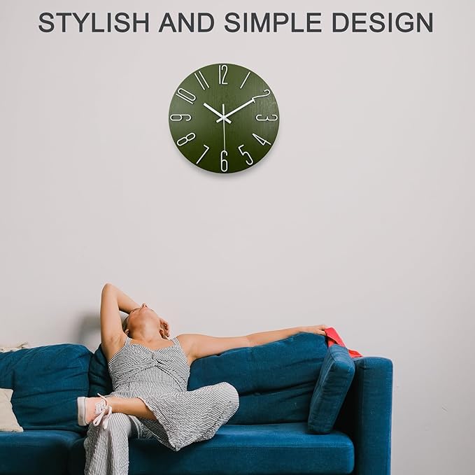 Faupugh Wall Clock 12 inch Silent Wall Clock, Battery Powered, Suitable for Home, Office, School, Kitchen, Bedroom, Living Room (Green)