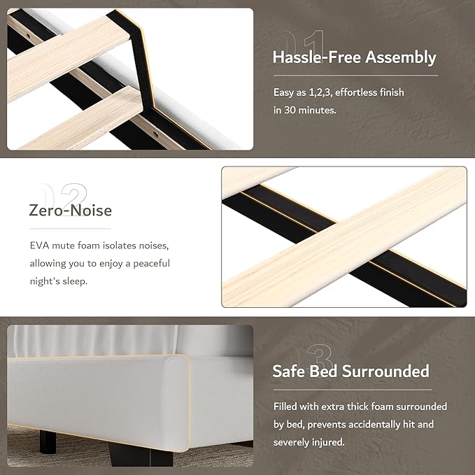 iPormis Full Platform Bed Frame with Velvet Upholstered Headboard & Thickened Legs, Mattress Foundation w/Solid Wooden Slats Support, Noise Free, No Box Spring Needed, White