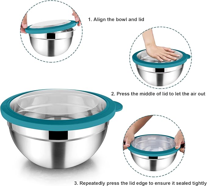 TeamFar Mixing Bowl Set, 4.5/3/1.5 QT Stainless Steel Nesting Salad Bowls with Airtight Lids, For Serving/Mixing/Storing/Prepping, Non-Toxic & Sturdy, Visible & Easy Clean, Dark Blue, Set of 3